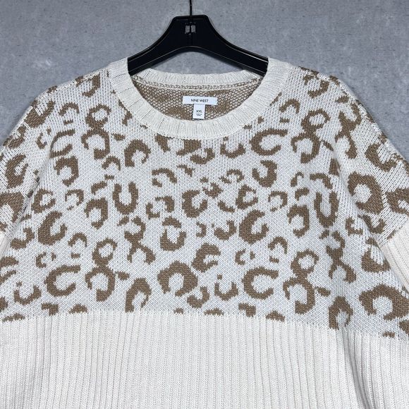 Nine West Sweater Womens Size XXL Cream Tan Animal Pattern Ribbed Long Sleeve - Picture 3 of 12